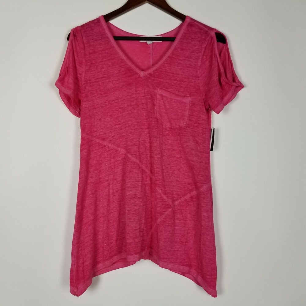 Harlow & Rose Women's Top Size S Pink Short Sleeve‎ Pocket Semi Sheer Shirt New